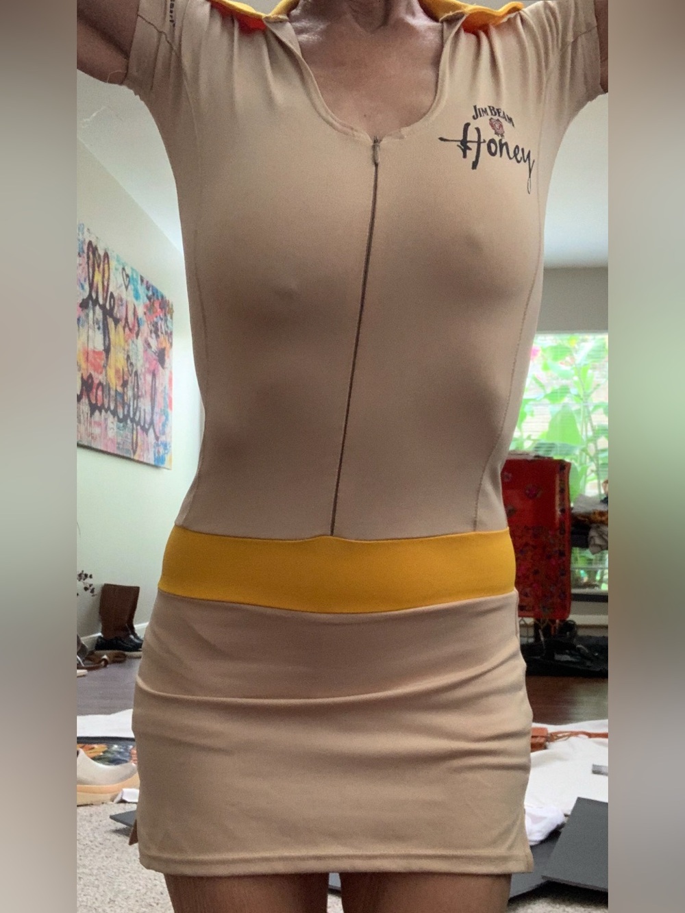 Beige Mini Skirt Dress with Yellow Waistband Jim Beam Honey